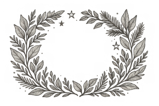 Hand-drawn botanical wreath creating an elegant laurel frame, vintage decorative element with transparent background
