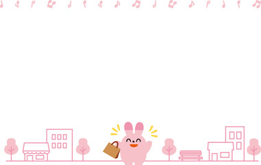 バンザイをする買い物うさぎと街のフレーム