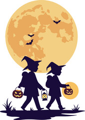 Two Children In Witch Hats Trick Or Treating Under Full Moon