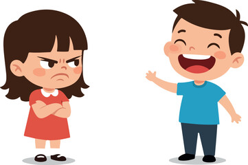Two Cartoon Children One Happy One Angry Isolated White Background Flat Design