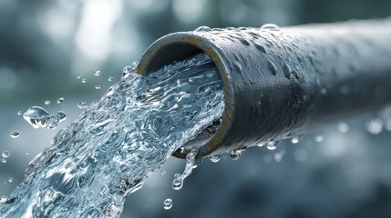 Water flows from a pipe, creating splashes and droplets, highlighting the movement and clarity of the liquid.