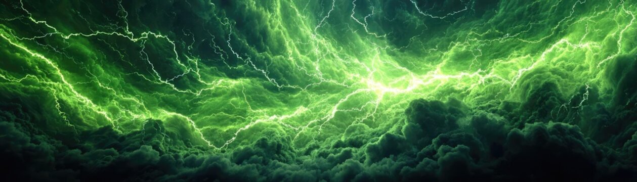 Toxic gas cloud with electric discharges lightning concept. A striking green lightning storm illuminating dark clouds.