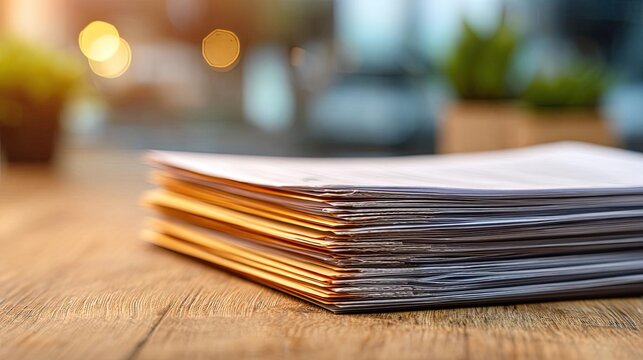 Drafting legal documents for estate planning concept. Close-up of stacked documents on wooden table in soft lighting.