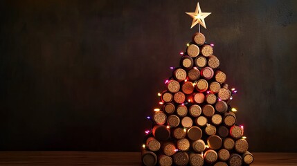 Whimsical wine cork Christmas tree glows with festive lights and a shining star, a unique holiday decoration for cozy celebrations
