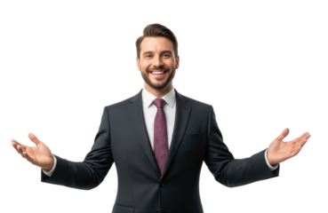 Smiling businessman with open arms transparent background cutout png