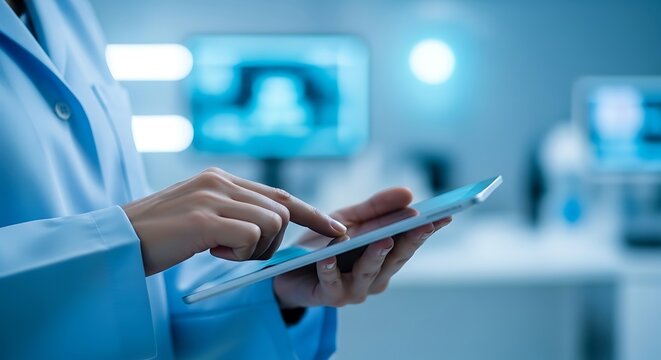 Healthcare professional in white lab coat using a digital tablet for medical data analysis and patient record management in a modern, high-tech hospital facility.