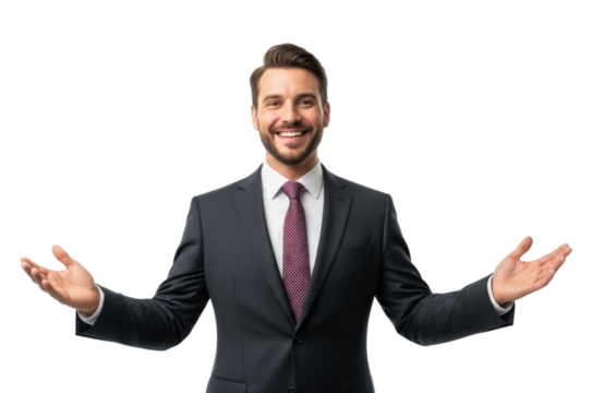 Smiling businessman with open arms transparent background cutout png