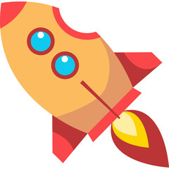 Cartoon Rocket Ship With Big Blue Eyes And Fiery Exhaust Flames Ascending Into The Sky Against A White Background