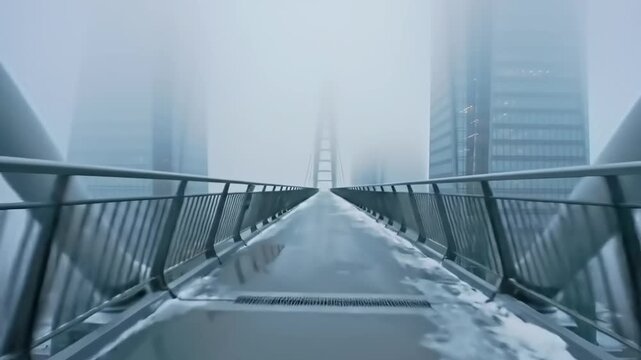 Modern bridge perspective leading to buildings on a foggy day