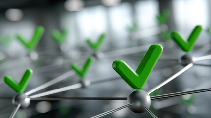A close-up view of interconnected nodes with green check marks, symbolizing approval, connectivity, and achievement in a modern digital environment.