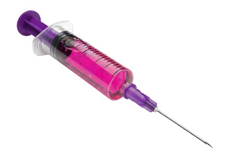 Medical syringe filled with pink liquid isolated on transparent background
