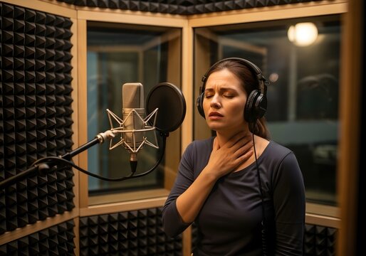 A woman in a recording studio wearing headphones and touching her throat, expressing vocal strain or sore throat after singing or voice recording, symbolizing voice fatigue and overuse.