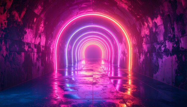 Neon lights outline a tunnel with metallic walls and a wet floor, creating a futuristic atmosphere