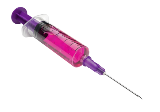 Medical syringe filled with pink liquid isolated on transparent background