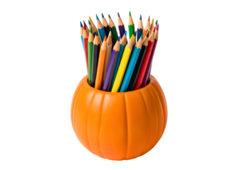 A collection of colorful pencils in a pumpkin shaped holder isolated on transparent background