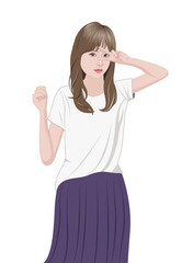 目の前でピースサインをする若い女性イラスト