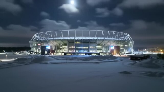 Modern stadium illuminated at night under moonlit sky