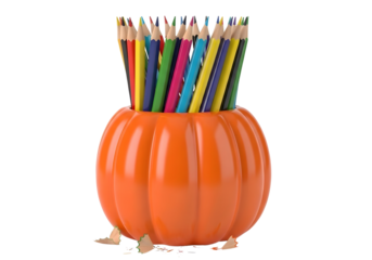 A collection of colorful pencils in a pumpkin shaped holder isolated on transparent background