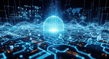 Futuristic network visualization shows interconnected data points and global connections in a digital landscape with glowing elements and circuit patterns