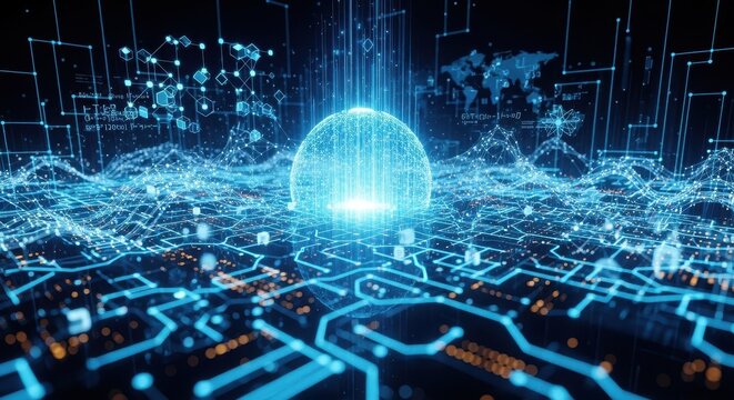 Futuristic network visualization shows interconnected data points and global connections in a digital landscape with glowing elements and circuit patterns