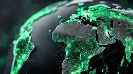 A detailed, digital representation of Earth showcasing illuminated regions, highlighting cities and landscapes with a green and black color scheme.