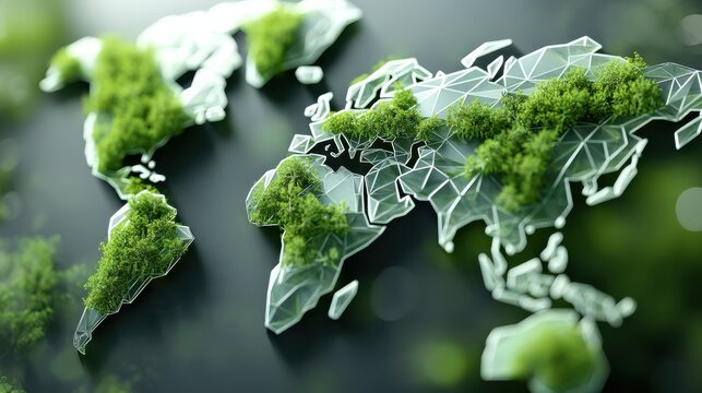 A stylized world map made of geometric lines and green foliage, symbolizing sustainability and environmental awareness.