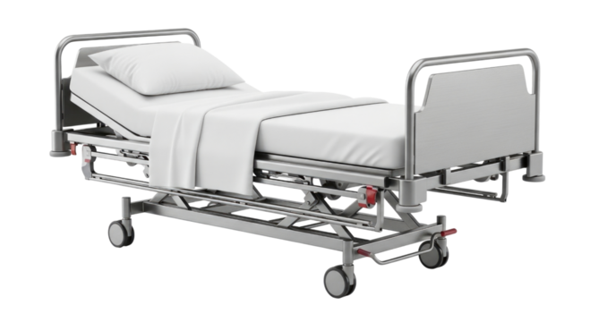 Hospital bed with white bedding transparent background cutout png