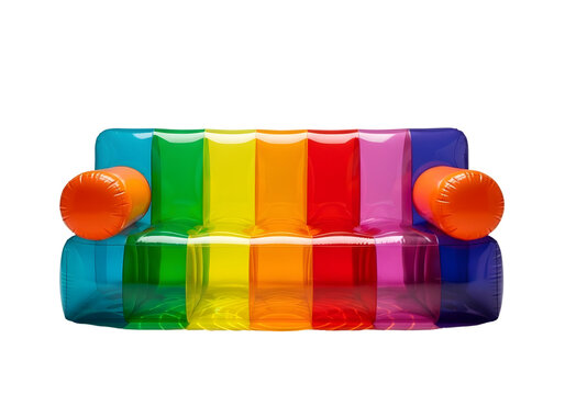 Colorful inflatable couch with rainbow stripes isolated on transparent background