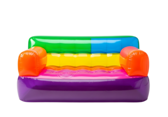 Colorful inflatable couch with rainbow stripes isolated on transparent background