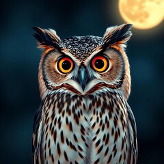 Fototapeta premium A hooting owl with wide, observant eyes illuminated by moonlight, ready for the night's hunt, branch, wisdom