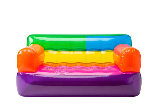 Colorful inflatable couch with rainbow stripes isolated on transparent background