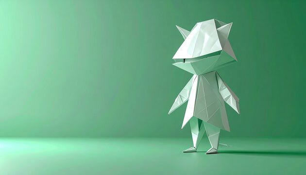 Origami-like, low-poly humanoid figure in pale green against a similarly colored background