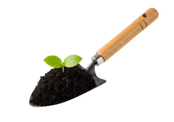 Gardening trowel with seedling growing in soil isolated on transparent background