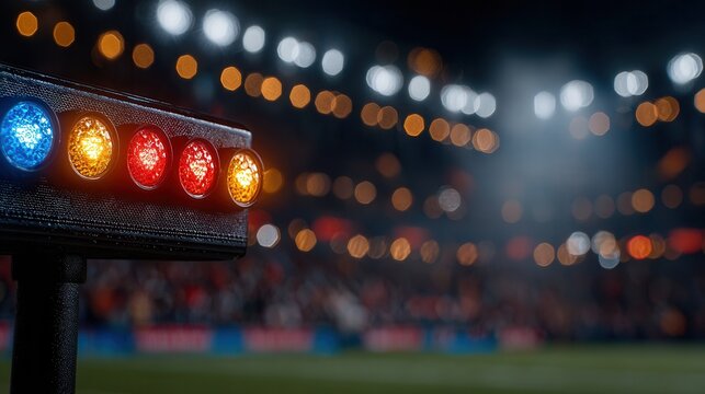 Dynamic race start lights illuminate a vibrant stadium crowd creating an atmosphere of intense anticipation and thrilling competition