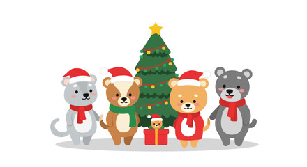 Adorable Cartoon Bears and Mouse Celebrate Christmas Together by a Decorated Tree with Presents