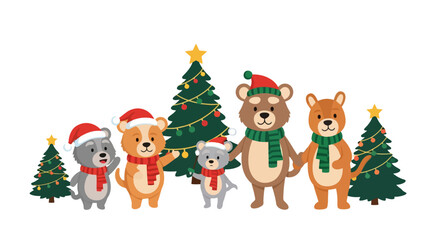 Adorable Cartoon Bear Family Celebrating Christmas Together with Festive Trees