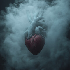 Anatomy human heart surrounded in fog