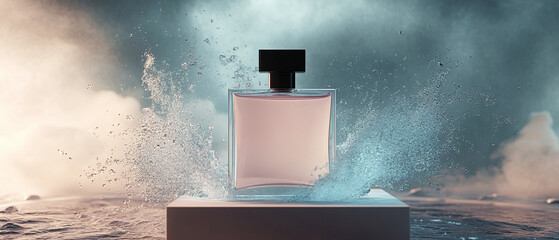 White fragrance bottle in water splash podium, advertising product 
