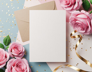 Stylish mockup of a blank Mother’s Day card surrounded by pink roses, gold confetti, and ribbon. Minimal and bright design concept for Feliz Día de la Madre celebration visuals.