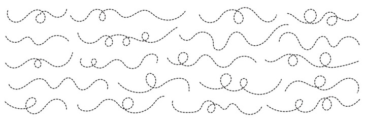 Obraz premium Dashed hand drawn squiggle loopy line vector. Dotted spiral curve line. Hand Sketched Curly Border. Abstract long squiggle dashed. Abstract Hand-Drawn Dotted Line Collection.