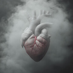 Anatomy human heart surrounded in fog