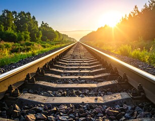 Rails stretching into a sunrise with trees on either side