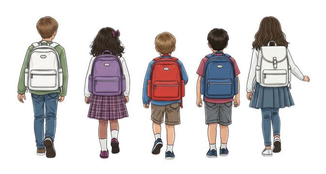 Children with backpacks transparent background cutout png