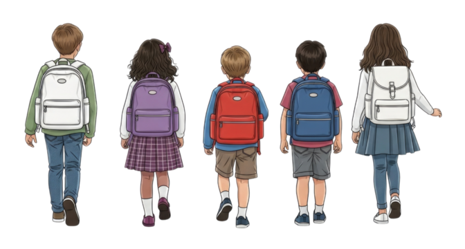 Children with backpacks transparent background cutout png