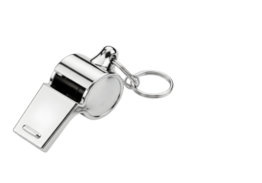 Shiny metal whistle with a keychain ring isolated on transparent background