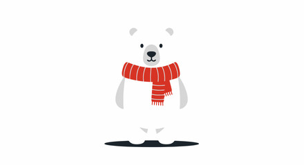 Cute cartoon polar bear wearing a red striped scarf isolated on white background perfect for winter and holiday themes