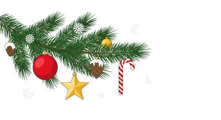 Festive Christmas Tree Branch with Ornaments Red Bauble Golden Star Acorns Candy Cane and Snowflakes Perfect Holiday Decoration Background