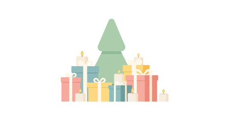 Festive Christmas Tree Surrounded by Wrapped Gifts and Glowing Candles Minimalist Illustration