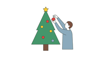 Decorating Christmas Tree Person Placing Ornament on Festive Evergreen with Star