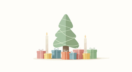 Festive Flat Design Christmas Tree with Presents and Candles on White Background Modern Holiday Celebration Illustration